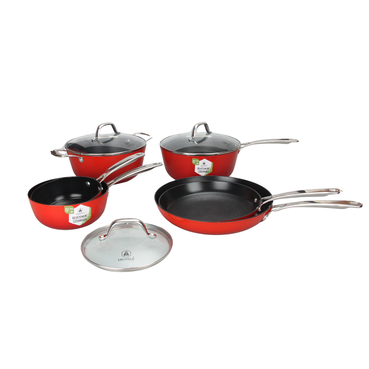 Laguiole Red AirIron 9-Piece Cookware Set - Ceramic & Stainless Steel