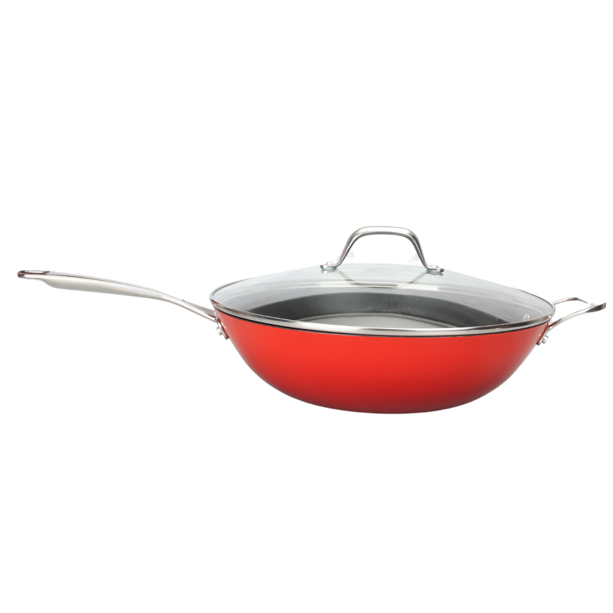Laguiole Red AirIron Cast Iron Wok 32x9cm with Glass Lid