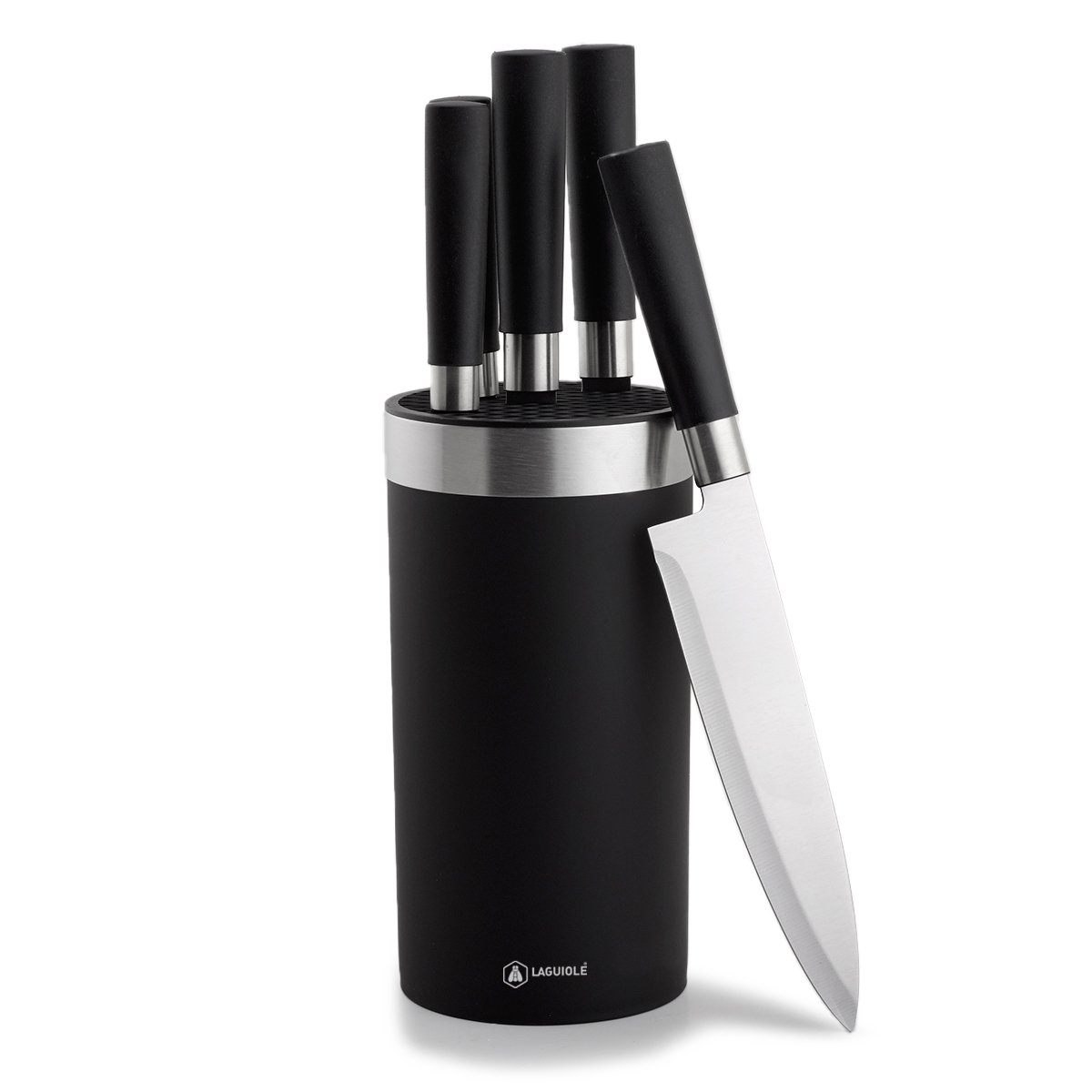 Laguiole 5-Piece Knife Set with Modern Black Block Stainless Steel