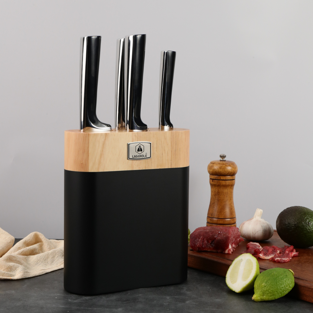 Laguiole ScintiBois 4-Piece Knife Block Set with Wood & Steel