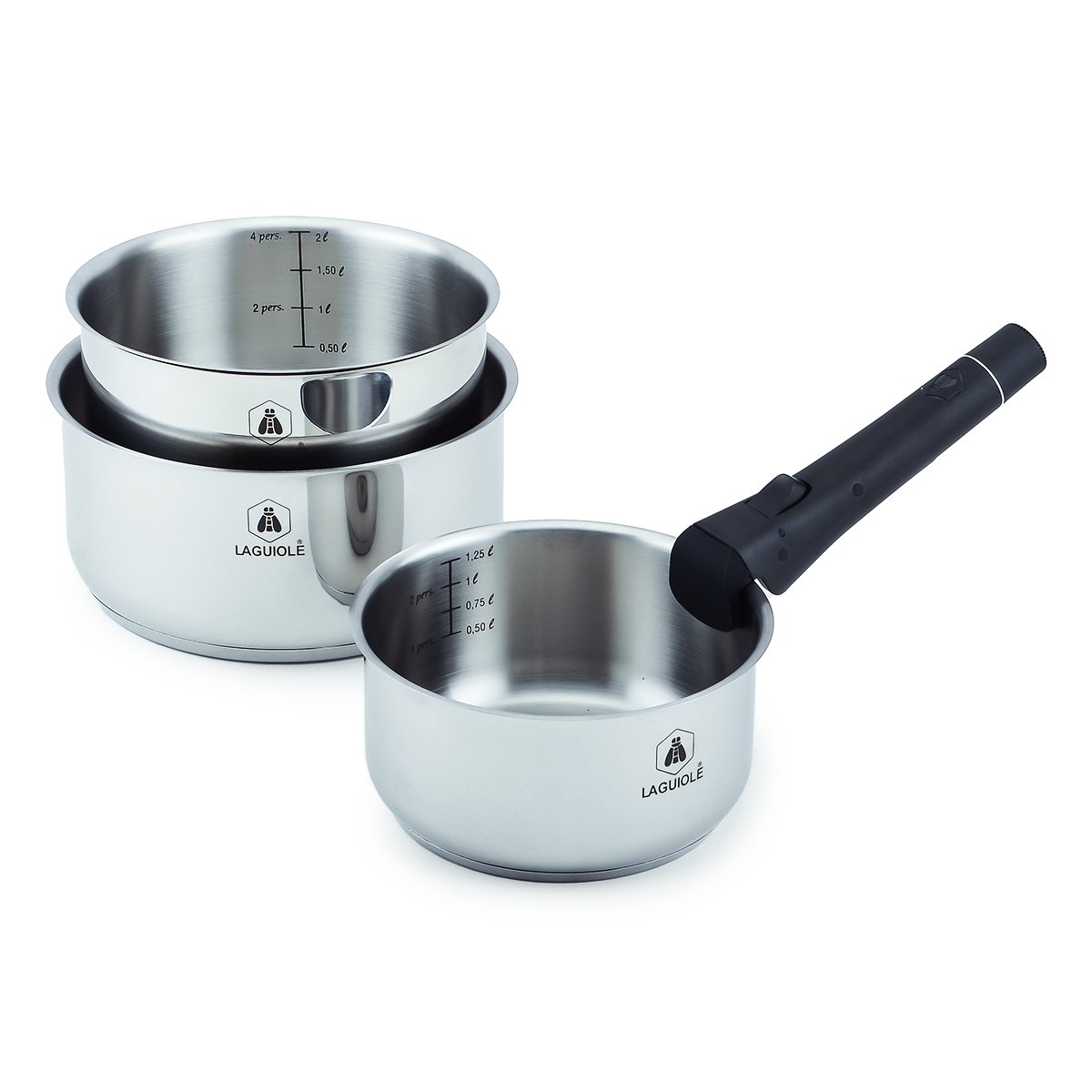 Laguiole Reactive 3-Piece Stainless Steel Saucepan Set with Removable Handle