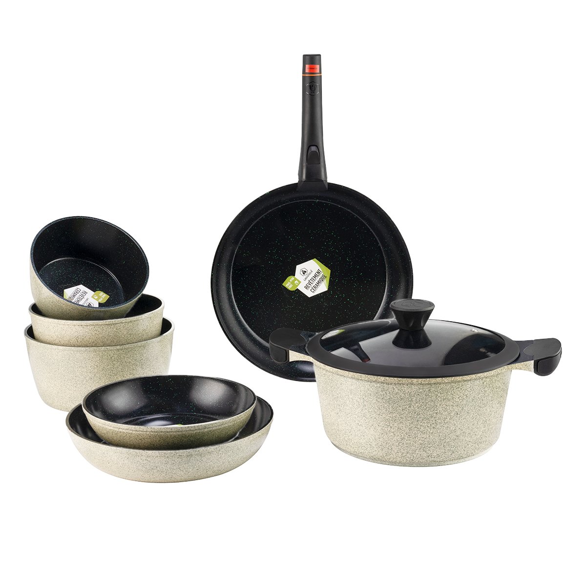 Laguiole Jade Reactif 9-Piece Ceramic Cookware Set with Removable Handle