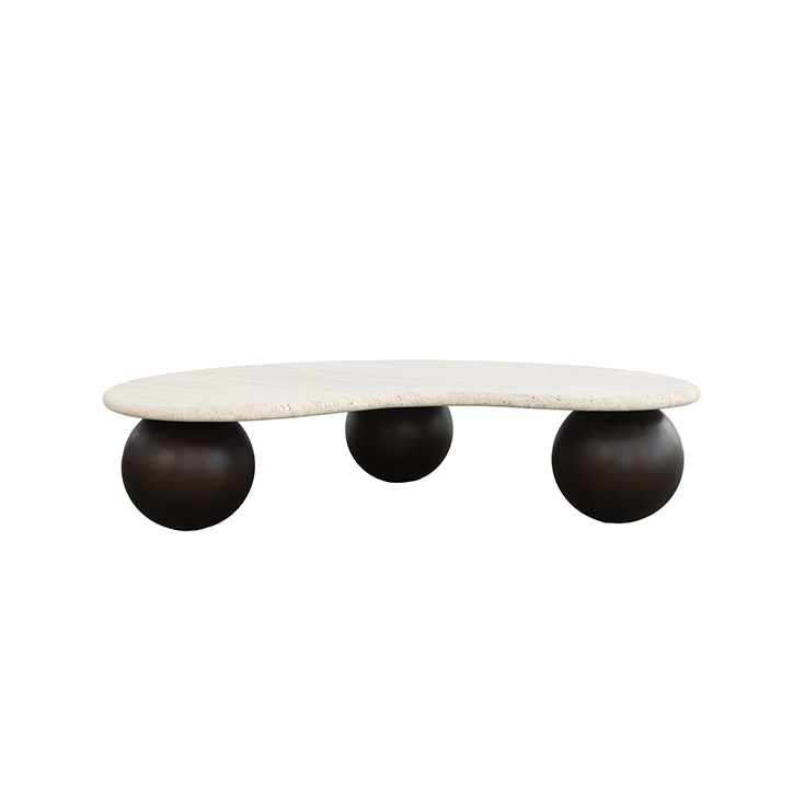 Isla Modern Travertine Coffee Table with Sculptural Wood Base