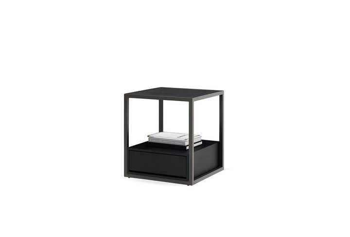 BERTA Modern Side Table with Tempered Glass and Drawer