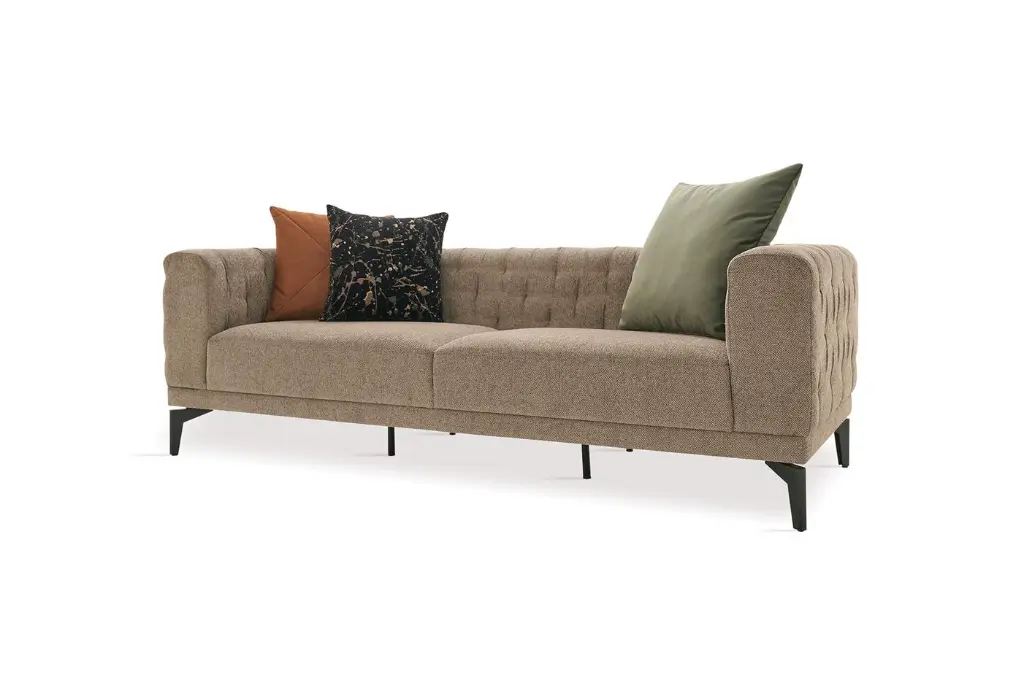 Dorian Beige Fabric 3-Seater Sofa with Quilted Stitching Modern Style