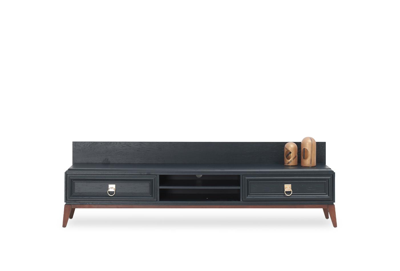 Elegante Prussian Blue Oak Veneer TV Unit with Brass Handles