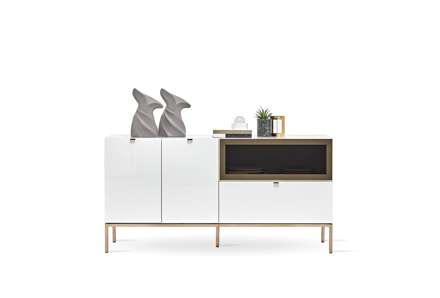 Legato 160cm Sideboard Glossy White with Glass Front & Gold Frame
