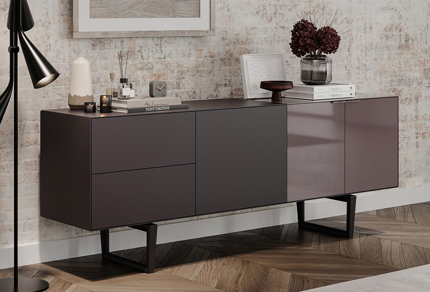 Modena Contemporary Sideboard in Matte & Glossy MDF with Metal Legs