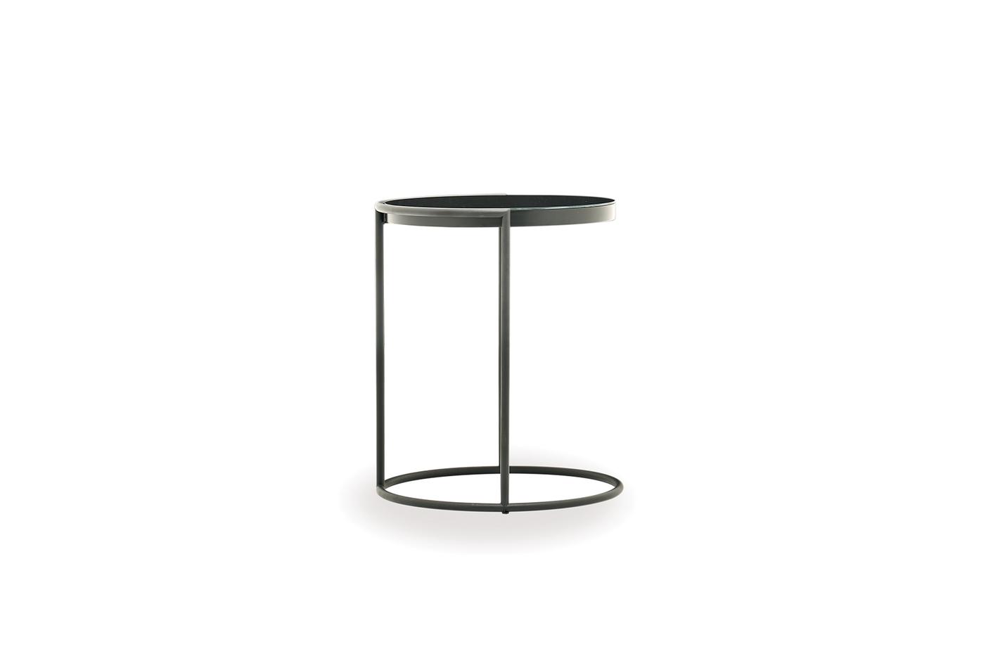 Dorian Round Side Table with Black Glass Top and Metal Frame