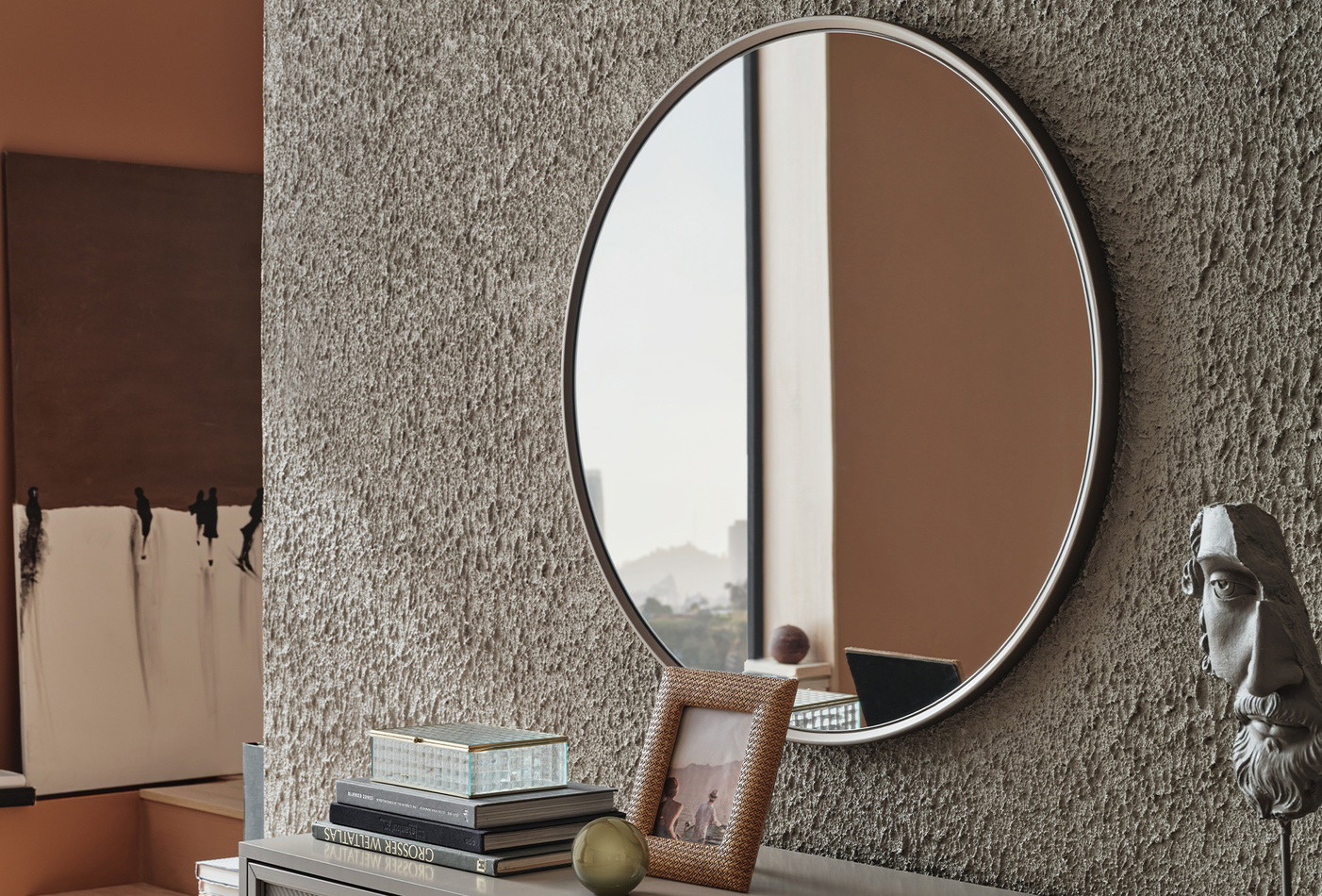 HERA Minimalist Sideboard with Round Vanity Mirror in Medium Grey